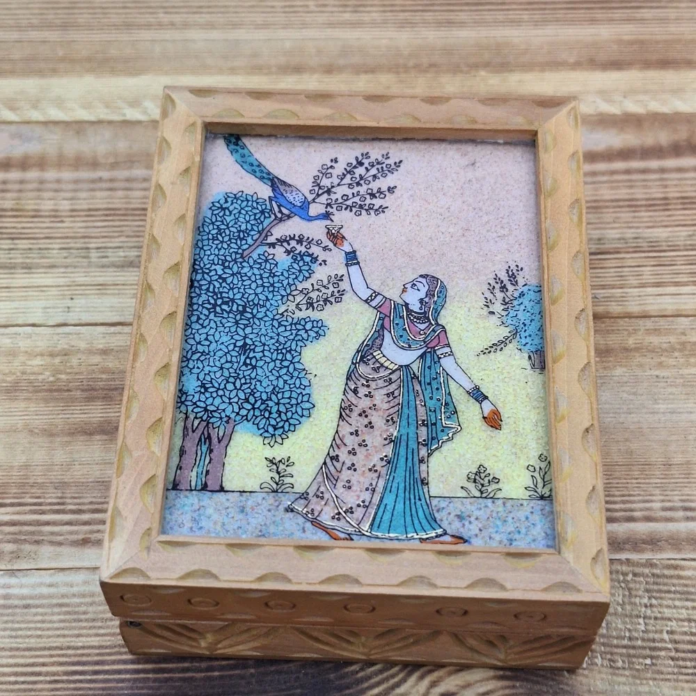 Vintage Indian Wood Jewelry Box Gemstone Sand Painting Peacock Hand Carved